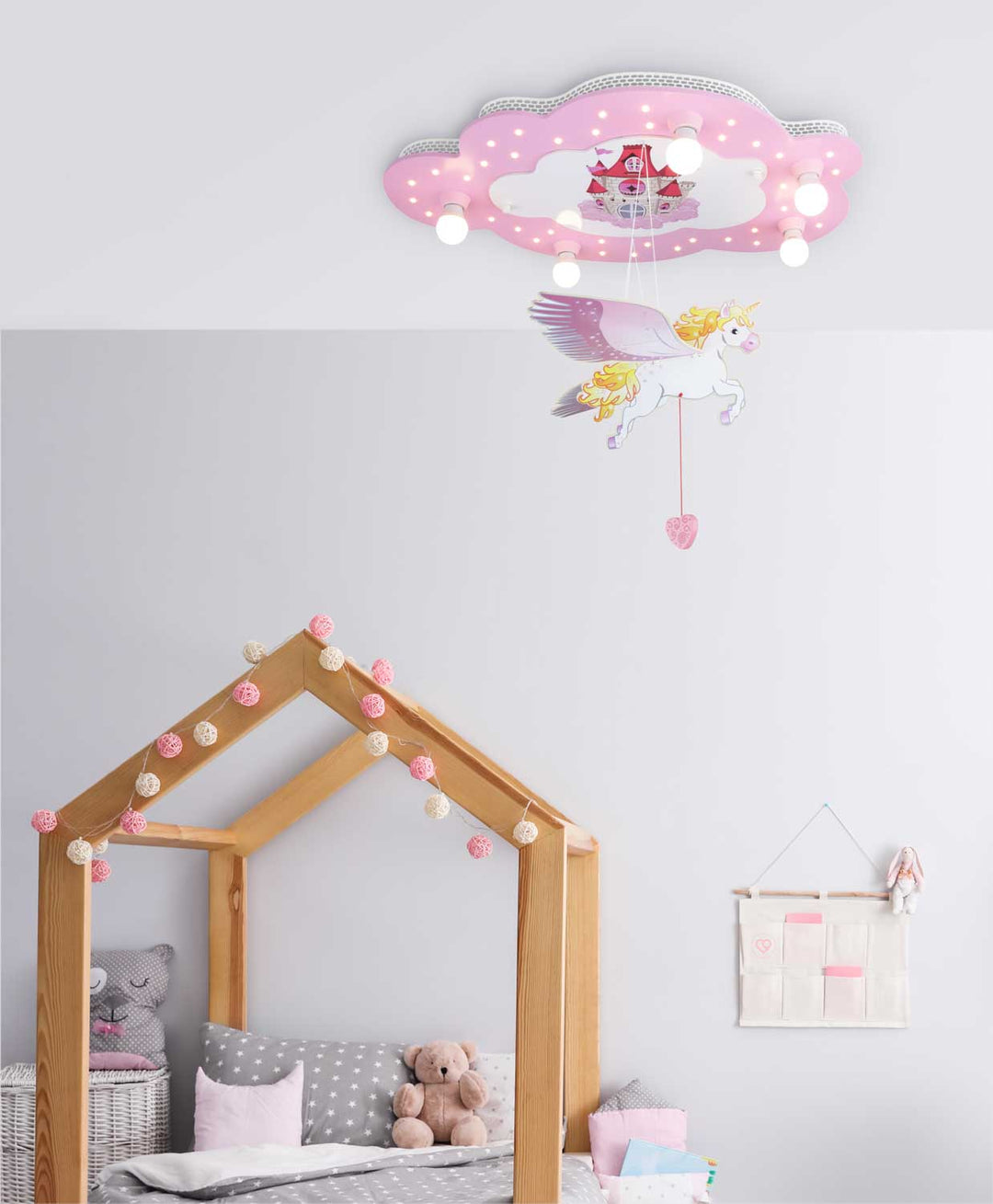 Elobra Leuchte Deckenleuchte Deckenlampe mit Zugschalter Rosa Einhorn Schloss Prinzessin Einhornlampe Kinderzimmerlampe Stimmungsbild Kinderzimmer Mädchenzimmer