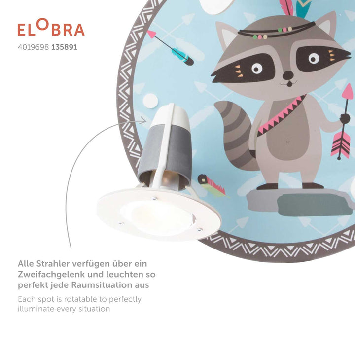 Elobra Leuchte 3er Spot Rondell Little Indians Waschbär Oskar Waschbärlampe Kinderzimmerlampe Detailfoto