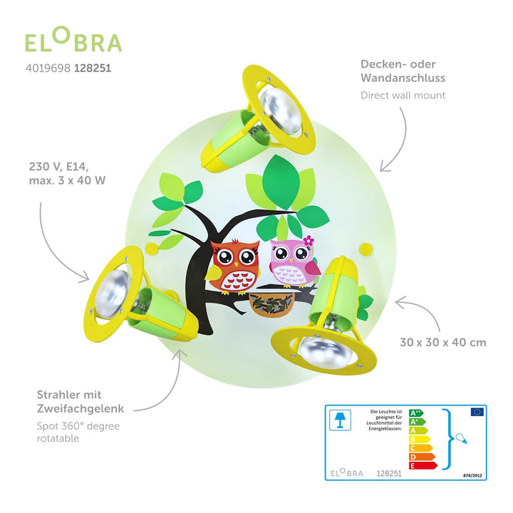 Produktbild Elobra Leuchte 3er Spot Rondell Eulenfamilie Eulenlampe Kinderzimmerlampe Beschreibungsbild
