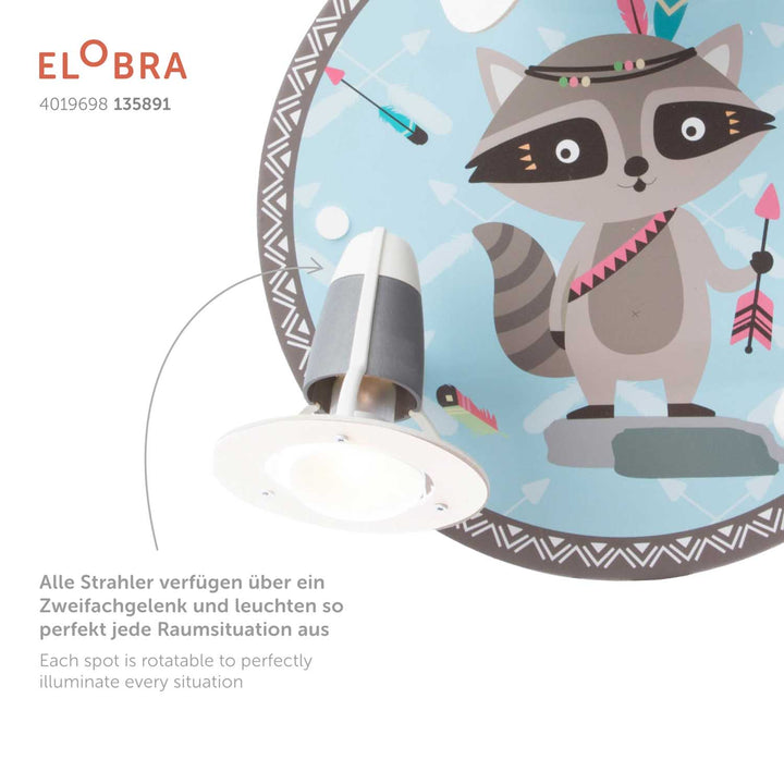 Produktbild Elobra Leuchte 3er Spot Rondell Little Indians Waschbär Oskar Waschbärlampe Kinderzimmerlampe Detailfoto