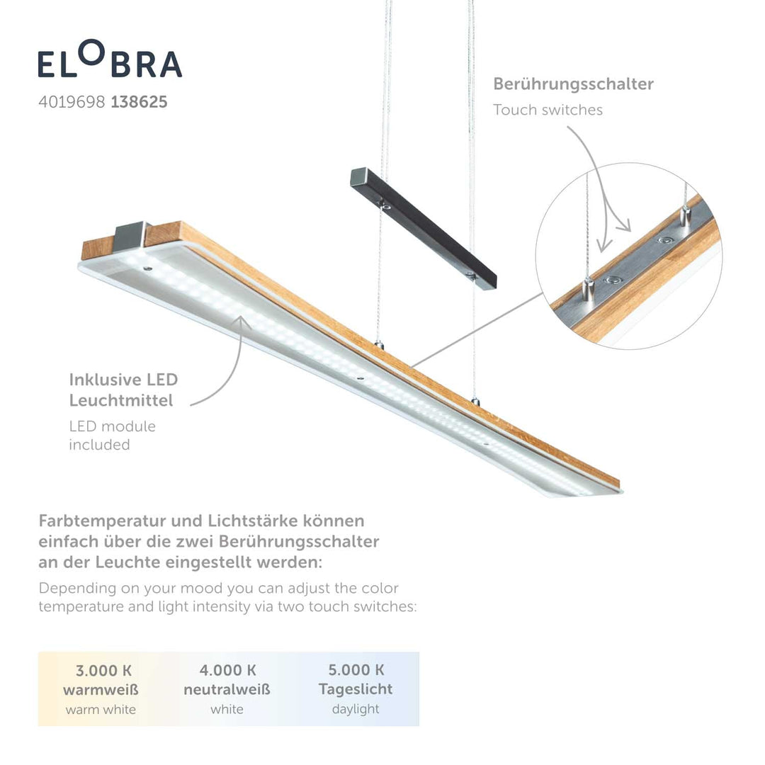 Elobra Wohnzimmer oder Esszimmer Hängelampe Pendellampe LED dimmbar mit verschiedenen Farbtemperaturen Beschreibungsbild